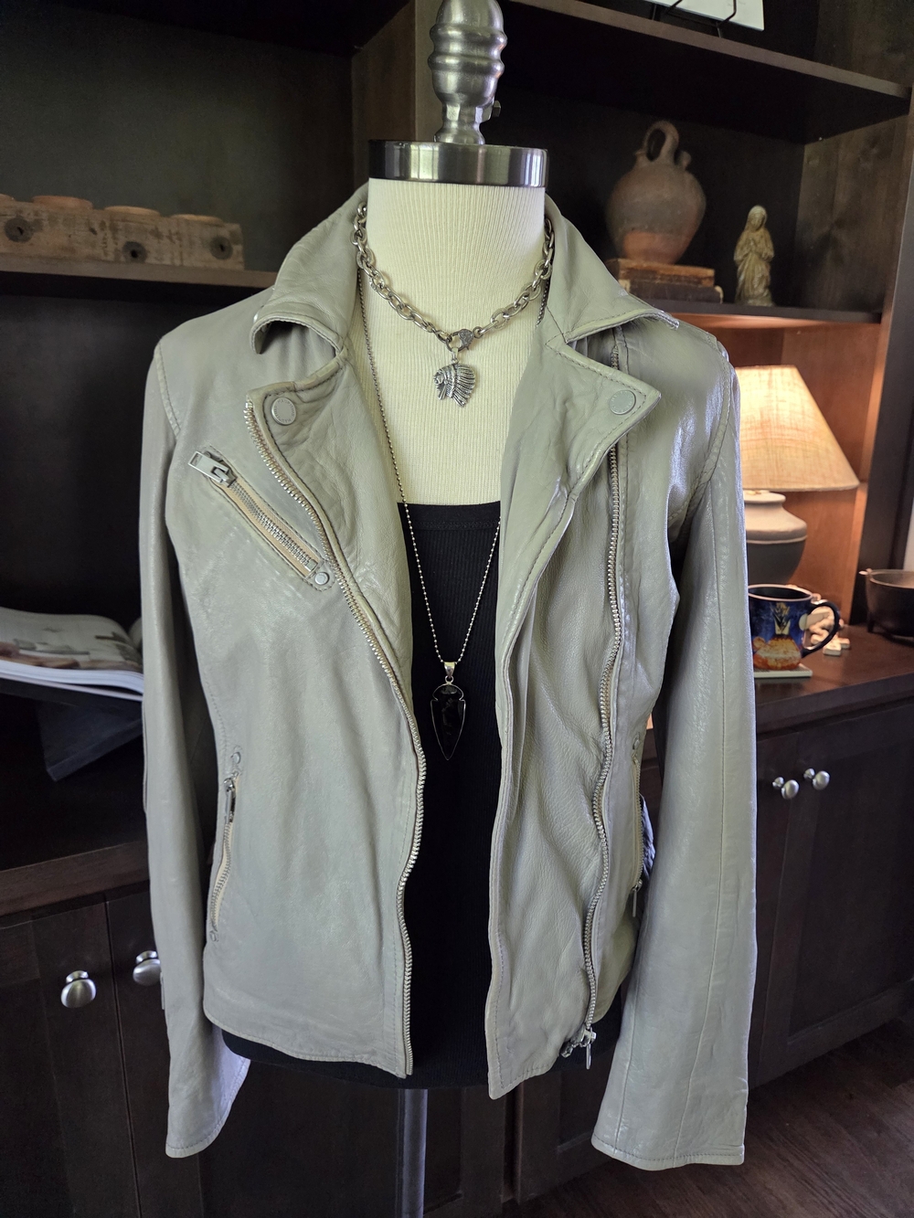 Mauritius Gray Leather Moto Jacket - Women's
